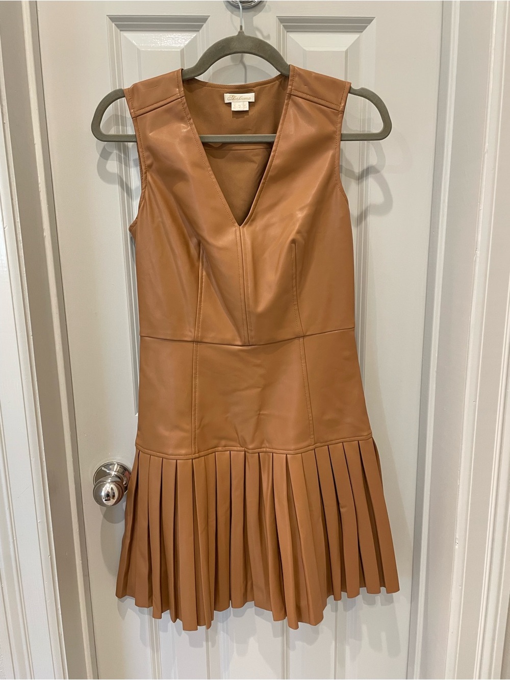 Shoshanna Tan Faux Leather V-Neck Pleated Hem Dress